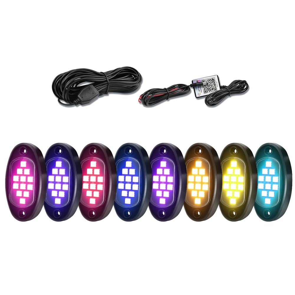 RGB LED Rock Lights, wielofunkcyjne neonowe podświetlenie wodoodporne światło ze sterowaniem aplikacją, wielokolorowe światła do ATV, UTV, SUV, A