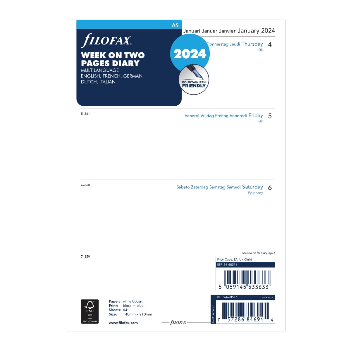 Filofax A5 week on two pages 5 language 2024 diary