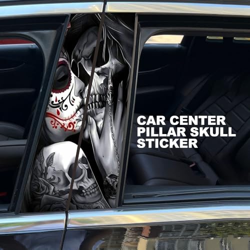 Image of Blueshyhall 2PCS Car B-Pillar Vinyl Decals, Skull Couple Personalized Vehicle Door Pillar Sticker, Waterproof Sun Protection Scratch Cover