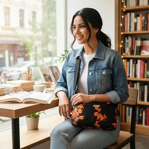 Image of Storite PU Leather Sling Bag, Crossbody Bag with Multi-Compartment for Women and Girls With Adjustable Shoulder Strap - (Orange Black, 28.5x18x11 cm)