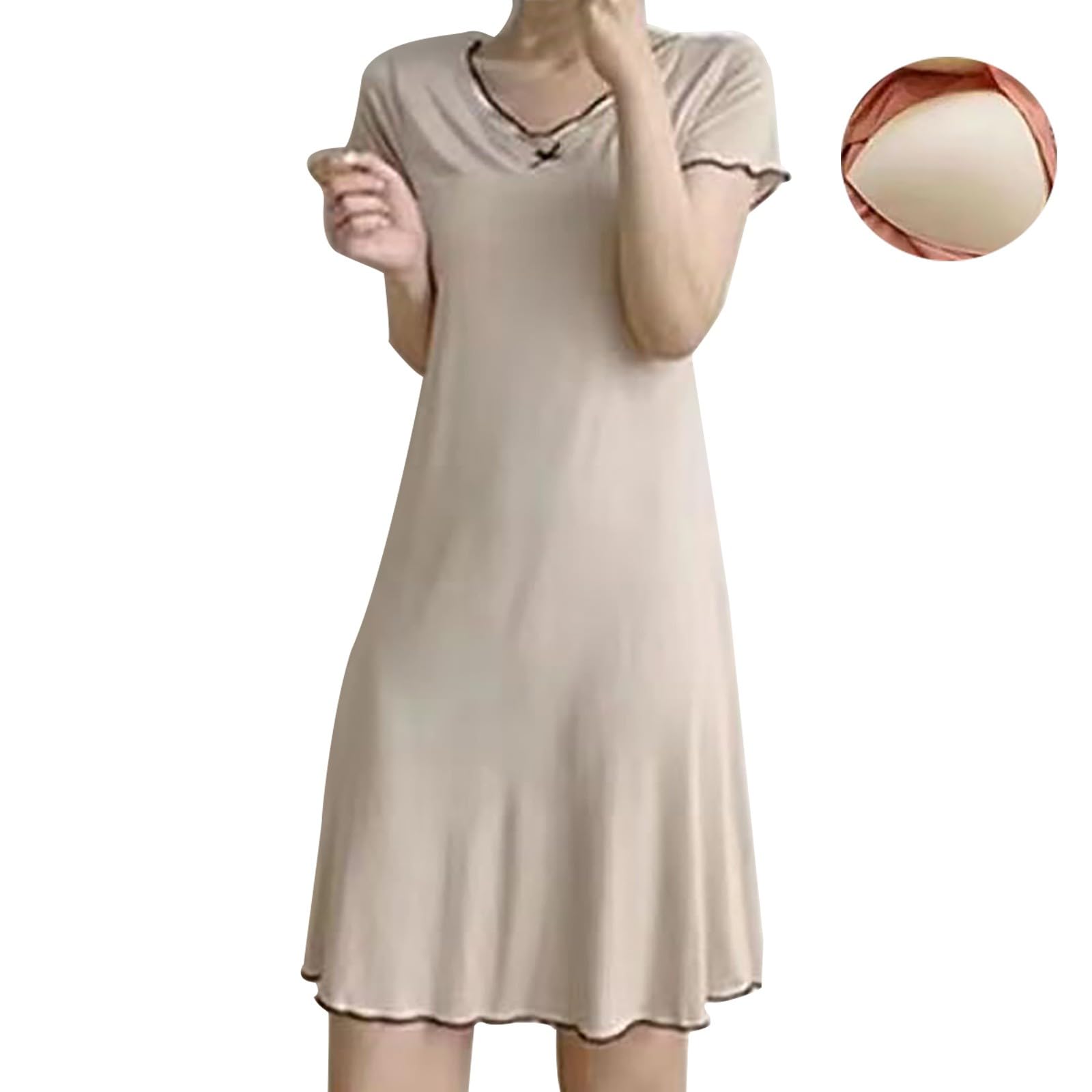 Dinglong Camisas de Dormir para Mujer, Camisones Sueltos de Manga Corta, Vestido de Noche Plisado con Cuello en V, Ropa de Descanso con Sujetador 2024 Enaguas para Faldas