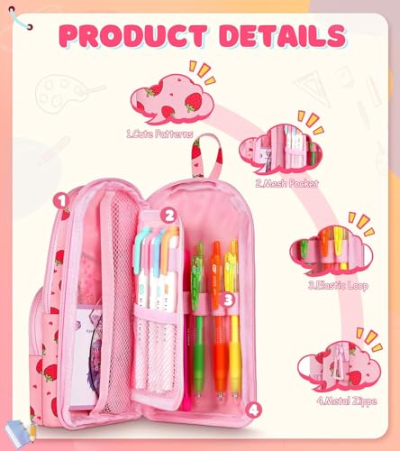 Image of Dravina Canvas Large Capacity Pencil Pouch with 3 Zippers & 5 Compartments| Aesthetic Stationary Standing Pencil Case| Waterproof School Box for Girls & Boys Unicorn Pencil Box (Pink Strawberry)