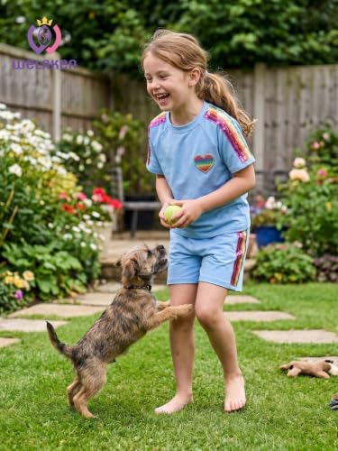 Image of WELAKEN Girls 2 Piece Outfit Kid Toddler Heart & Rainbow Sequin Striped T-shirt and Shorts Clothing Set