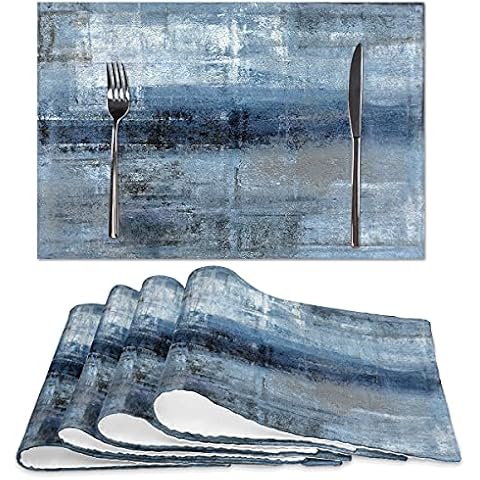 Blue and Grey Placemats Set of 4 Modern Abstract Art Placemats Heat Resistant Non-Slip Artwork Dining Placemats Washable Table Mats for Home Kitchen (Blue and Grey, 18"X12") Cover