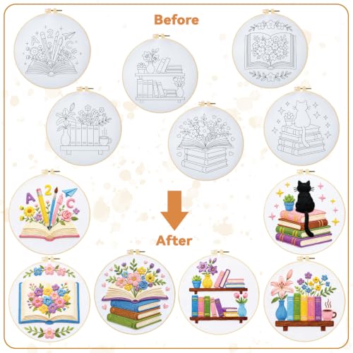 Image of BEUNITONE 6 Set Embroidery Kit for Beginner Adults, Books & Flowers Cross Stitch Set with Stamped Pattern Hoops Threads Cloth Needles, Embroidery Starter Kit for Gifting and Home Decoration