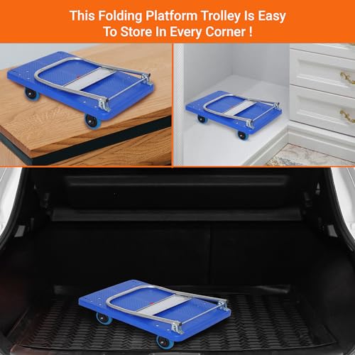 Image of BIGAPPLE 300kg Capacity Plastic Foldable Platform Trolley for Heavy Weight /Material Handling Goods Trolley for Home, Office, Warehouse & Industries - 60cm x 90cm (5 inch Wheel /Blue) - Pack of 6