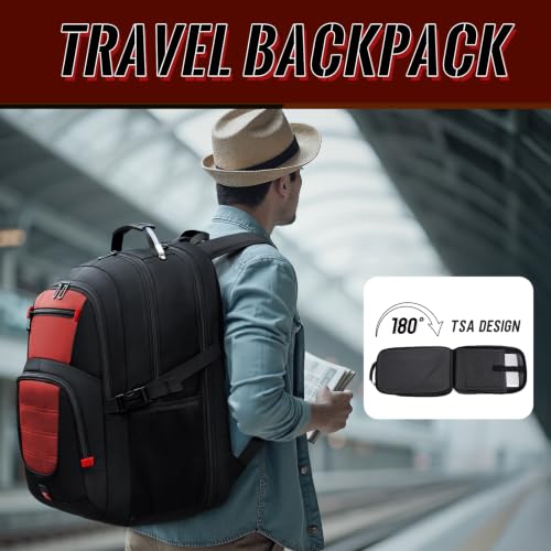 Image of Large Travel Backpack, 17.3 inch Laptop Backpack, Red | 45L Capacity, 180 TSA-Friendly Carry On, Laptop Compartment, Water-Resistant, Adjustable Strap for Work Travel College