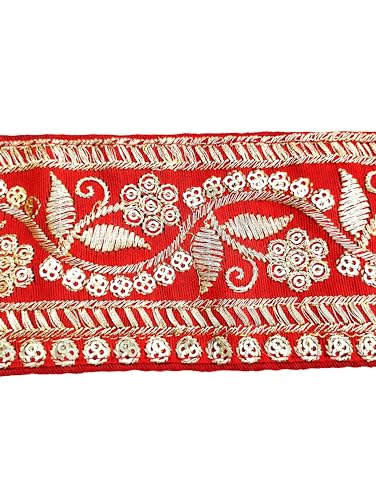 Image of Embroidery Gold Work with Sequence Design Lace Border Falls for Saree, Kurti, Dresses, Bandhani, Lehenga, Decorative Ribbon (6.5 cm Width) (3 Meter, Red)