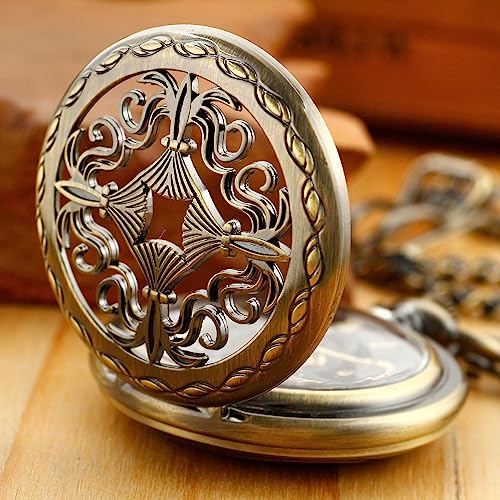 Image of Bronze Retro Mechanical Pocket Watch Skeleton Roman Numerals Hollow Mechanical Pocket Watches with Box