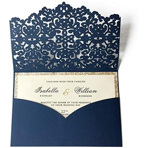 Picky Bride 50Pcs Laser Cut Pocket Wedding Invitations with 2-Layers Gold Glitter Invitation Cards Navy Blue Luxury Invitation Cards for Wedding, Bridal Shower, Birthday Party, Blue Envelopes (Blue) Cover