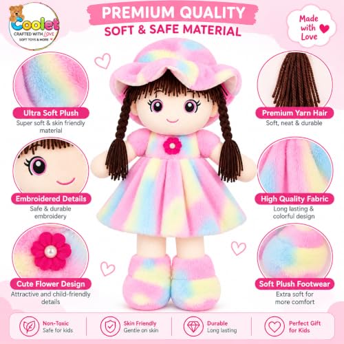 Image of Soft Hat Doll for Kids 60 cm | Cute Plush Rag Doll with Cap & Braided Hair | Washable Stuffed Soft Toy for Girls & Boys | Birthday Gift (Multicolor Pink Fur Doll)