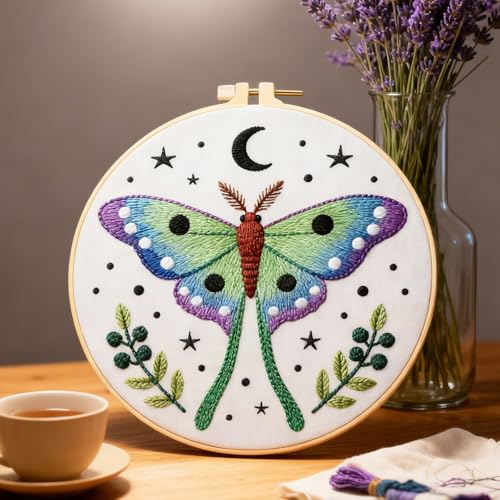 Image of BEUNITONE 6 Set Moth Embroidery Kit for Adults Beginners, DIY Needlepoint Craft Kits with Instructions and Hoops, Complete Starter Set for Adults, Handmade Embroidery for Gifts and Home Decor 20x20cm