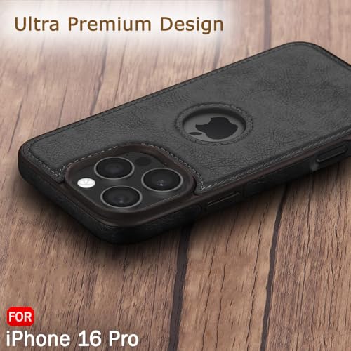 Image of TheGiftKart Genuine Leather Finish Back Cover Case for iPhone 16 Pro | Shockproof Design | Raised Edges for Camera & Screen Protection | Stunning Minimalist Design Case Cover (Black Sides, Black)