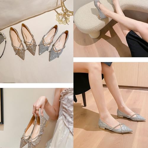 Women's Glitter Sequin Pointed Toe Flat Wedding Dress Shoes Fashion Rhinestone Strap Comfortable Low Heel Slip-On Party Ballet Flats4