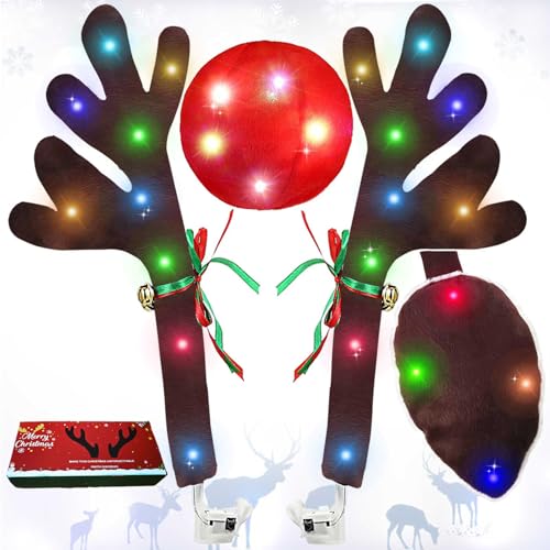 Reindeer Antlers for Cars LED 2025 Christmas Car Decorations Kit with Jingle Bells Nose Tail Multicolor Light-Up Rudolph Xmas Decor for SUV Van Truck