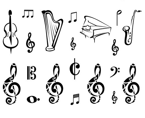 SanerLian Waterproof Temporary Fake Tattoo Stickers Cool Black Piano Guitar Music Notes Set of 2