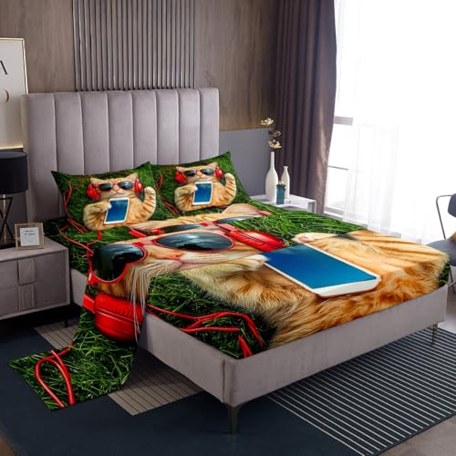 Loussiesd Juego de ropa de cama con diseño de gato de dibujos animados para niños y niñas, juego de sábanas con estampado de gatos, ultrasuave, con bolsillo profundo, sábana bajera ajustable para