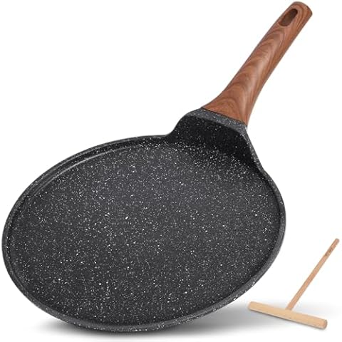 ESLITE LIFE 11 Inch Crepe Pan with Spreader, Nonstick Ceramic Flat Skillet Dosa Tawa Comales Para Tortillas Pancake Pan, PTFE & PFOA Free, Black Cover
