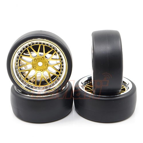 Yeah Racing Spec D LS Wheel Offset +6 Gold Silver w/Tire 4pcs For 1/10 Drift #WL-0099