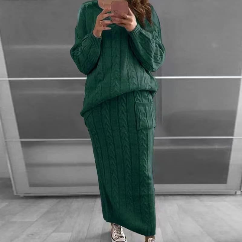 Women Sweater Sets Chunky Cable Knit 2 Piece Outfits Sweater Skirt Set Crewneck Pullover Top & Long Skirt Warm Suit2