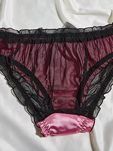 Verdusa Women's Plus Size Frilled Mesh Satin Brief Mid Rise Underwear Panties Black Green Pink 2Xl #TOP4
