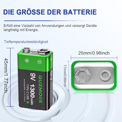 9V Wiederaufladbare Akku, 1300mAh Lithium-Ionen 9 Volt Block Batterien Schnellladung über USB-C ideal für Rauchmelder, Feuermelder, Multimeter (2 Stück)