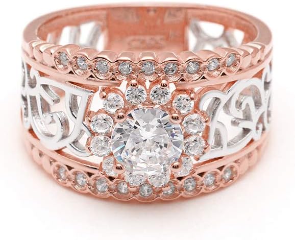 Elin Engagement Ring for Women by Ginger Lyne | Rose Gold over Sterling Silver Cubic Zirconia Filigree Wide Band Wedding Ring for Her Gifts for Wife or Girlfriend