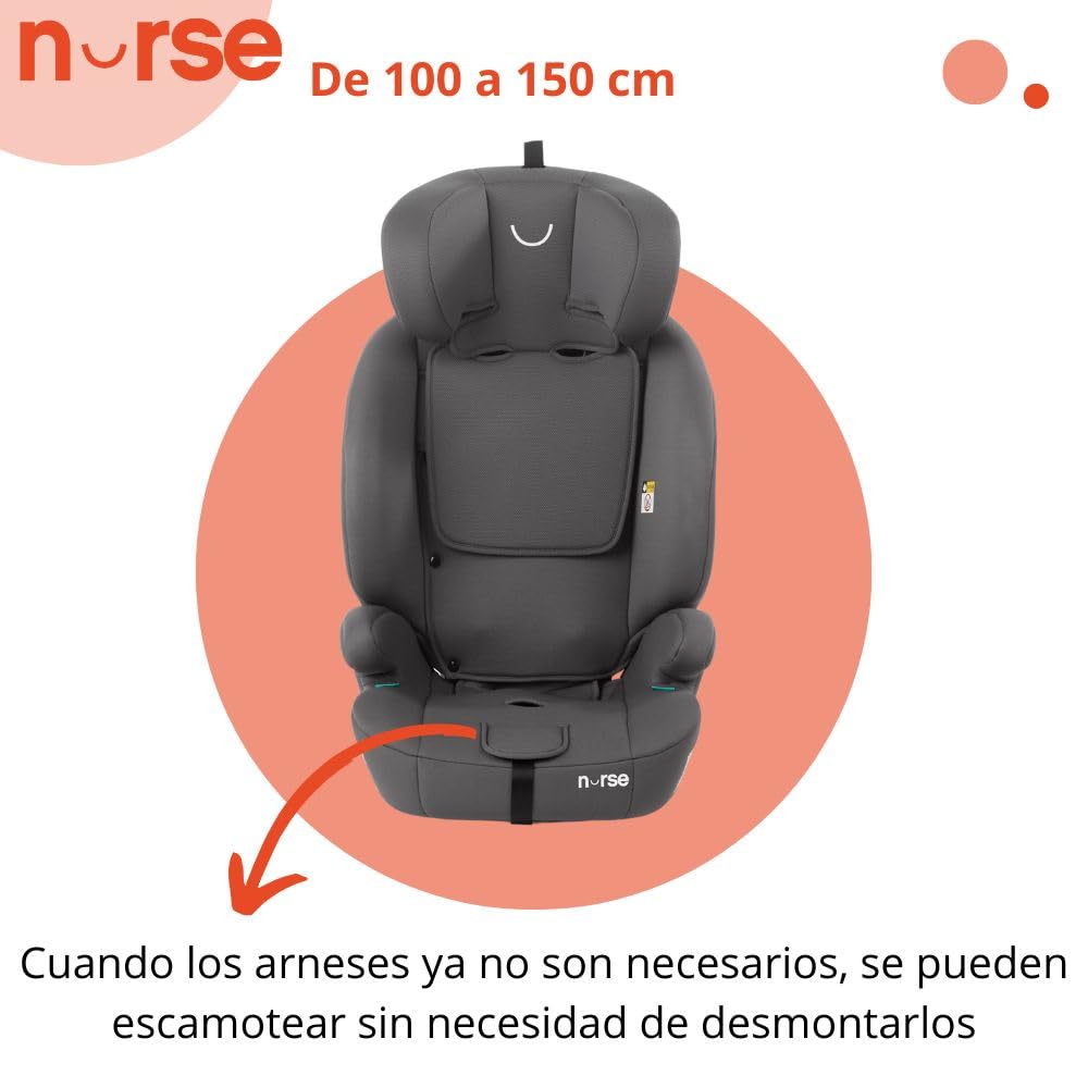 Nurse by Jané Grip Silla de Coche iSize 76–150 cm, 2–12 Años, Sin Isofix, Instalación con Cinturón, 9 Posiciones, Grupo 1 2 3, Gris (Storm)