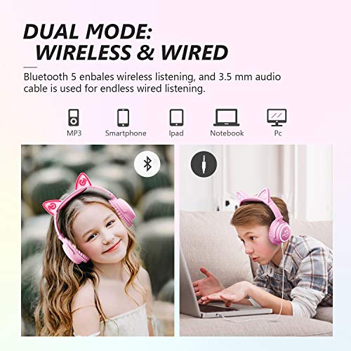 Mindkoo Cat Ear Bluetooth Headphones Pink, Led Light Up Over Ear Wireless Headphones With Microphone, Comfort Foldable Headset For Kids & Adults #TOP5