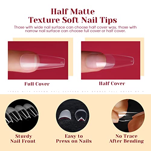 264Pcs Half Matte Long Coffin Soft Fake Nail Tips, Rosalind 12 Size Soft Full Cover False Nail Tips Half Matte Long Coffin Gel Nail Tips For Nail Extension,Acrylic Nail Tips With Box For Nails Art Salon Design At Home(One-Sided No File) #TOP6