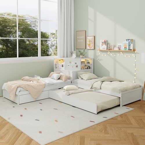 Merax L-Shaped Combination Twin Bed Frame with Trundle Drawer Built-in Desk and Led Downlight 3-in-1 Design for Bedroom