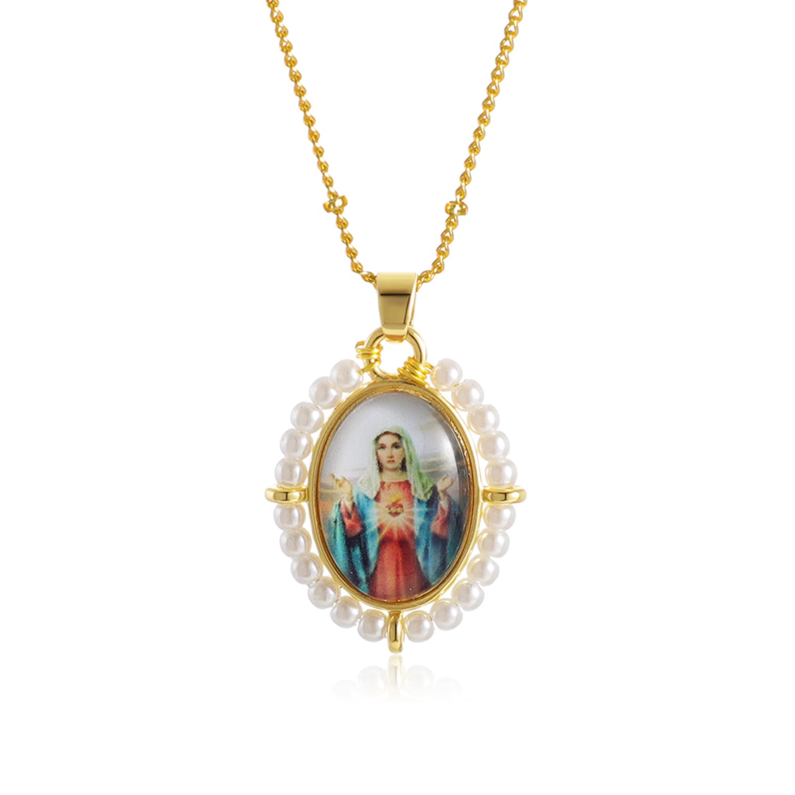 KOMI Virgin Mary Jesus St Michael Pendant Necklace for Women Dainty 18K Gold Plated Saint Medal with Pearl Protection Necklace Catholic Religious