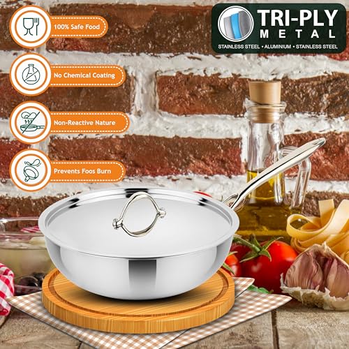 Image of Prabha Stainless Steel Prima Wok, Included Lid, Kadhai for Kitchen, 22cm, 2.2 L Capacity, Steel Wok with Stay Cool Handle, Induction and Gas Stove Compatible