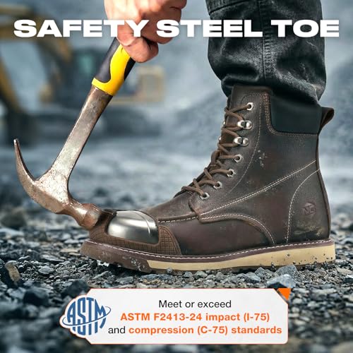 Image of NINGO Steel Toe Work Boots for Men, 6 Inch Full Grain Leather Moc Toe Boots for Men with Non Slip Wedge Outsole, Durable TPU Protective Toe Cap Mens Safety Shoes EH Rated for Construction Welding