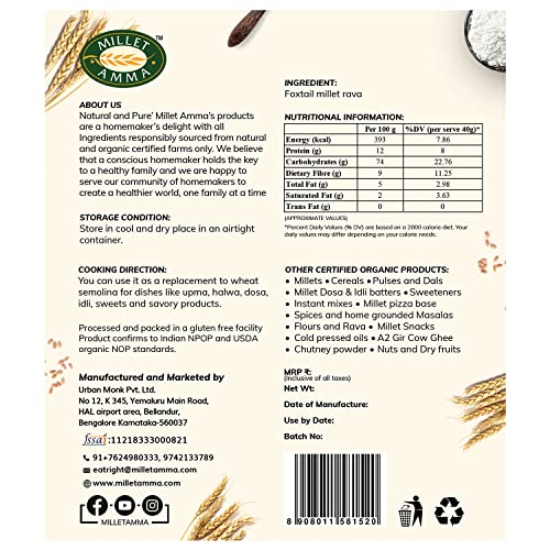 Image of Millet Amma Certified Organic Foxtail Millet Rava - Pack of 1, 1 kg, High Protein, High Fibre, Stone Ground, Healthy and Organic Foods, Vegan, Nutrient Rich, Healthy Living