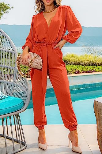 PRETTYGARDEN Women's Fall Jumpsuits Dressy Casual Pants Romper Spring Long Sleeve V Neck Belt Pockets One Piece Outfits