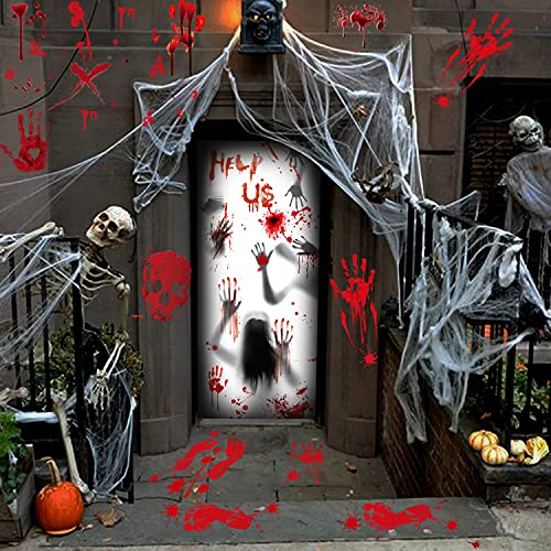 Halloween decoratie, bloedige handafdruk, voetafdruk, bloedige raam-/muurstickers, enorme deurafdekking, raamposter… - Image 3