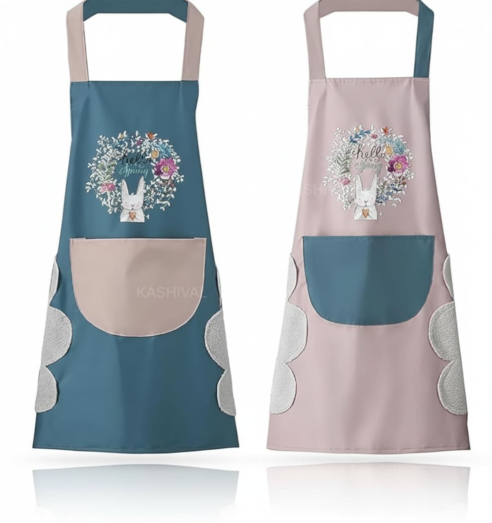 KASHIVAL Waterproof Kitchen Apron for Women with Big Front Pocket & Integrated Hand-Wiping Towel, Oil-Proof Cooking Apron for Baking & Grilling, Stain-Resistant Multi Design-image-40