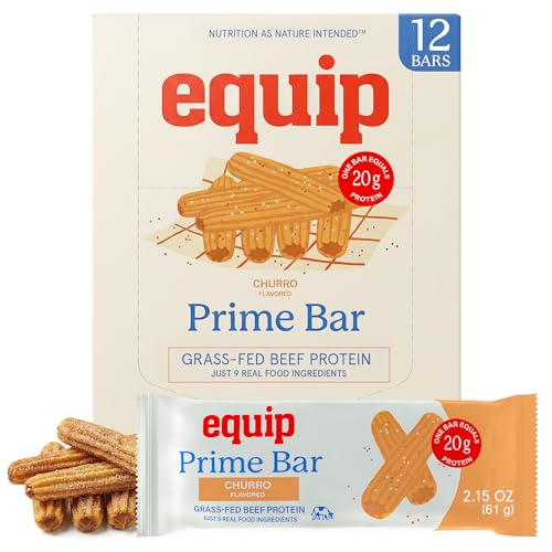 Equip Foods High Protein Prime Bars Grass Fed Beef Protein Collagen & Tallow Gut Friendly Gluten Free 20g Protein Bars - Only Real-Food Ingredients - On-the Go Snack - Churro 12 Count