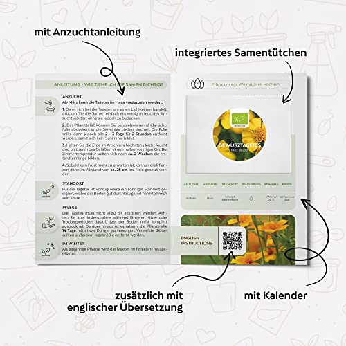 BIO Gewürztagetes Samen - Tagetes Saatgut aus biologischem Anbau - Vielseitige Heilpflanze mit essbaren Blüten & ideal für eine bunte Blumenwiese (100 Korn)