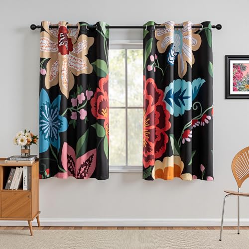 Image of MYSKY HOME Black Boho Floral Blackout Curtains for Bedroom 63 inch Long Botanical Leaf Black Out Curtains for Living Room Thermal Insulated Room Darkening Noise Reduction Window Drapes, 2 Pcs, 52Wx63L
