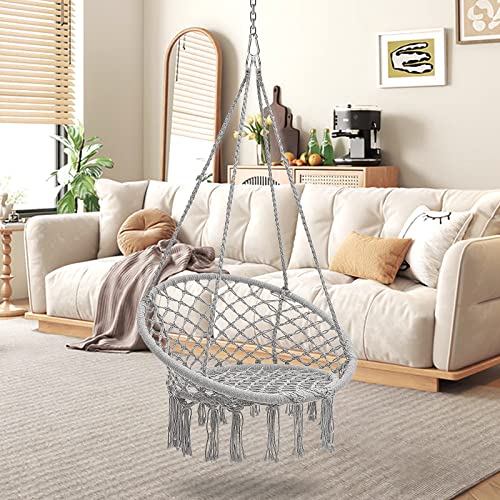 Image of Garpans Hammock Chair Macrame Swing Bohemian Style Hammock Swing Chair with Tassels Hanging Swing Chair Handmade Knitted Cotton Rope for Indoor Outdoor Bedroom Patio Max 330 Lbs Grey