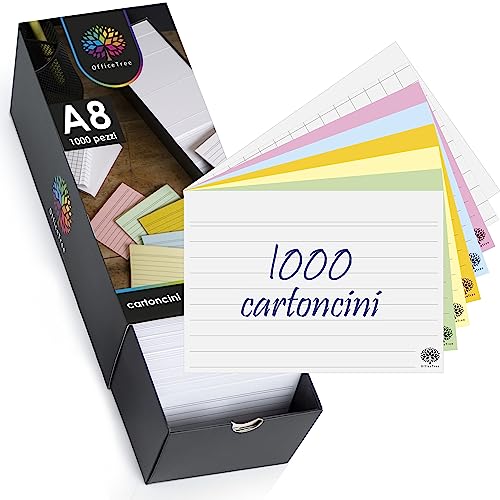 OfficeTree 1000 cartoncini A8, a righe, a quadri, Blanco e colorati, con scatola, per imparare il vocabolario, formule e appunti