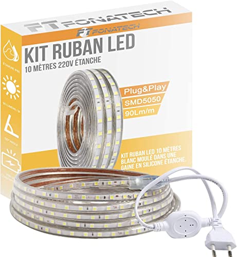 FonaTech® Kit Ruban Led 10 m 220V complet en silicone étanche IP65 Blanc Chaud 3000°K SMD5050 60led/m Waterproof bandeau type Guirlande pour chantier