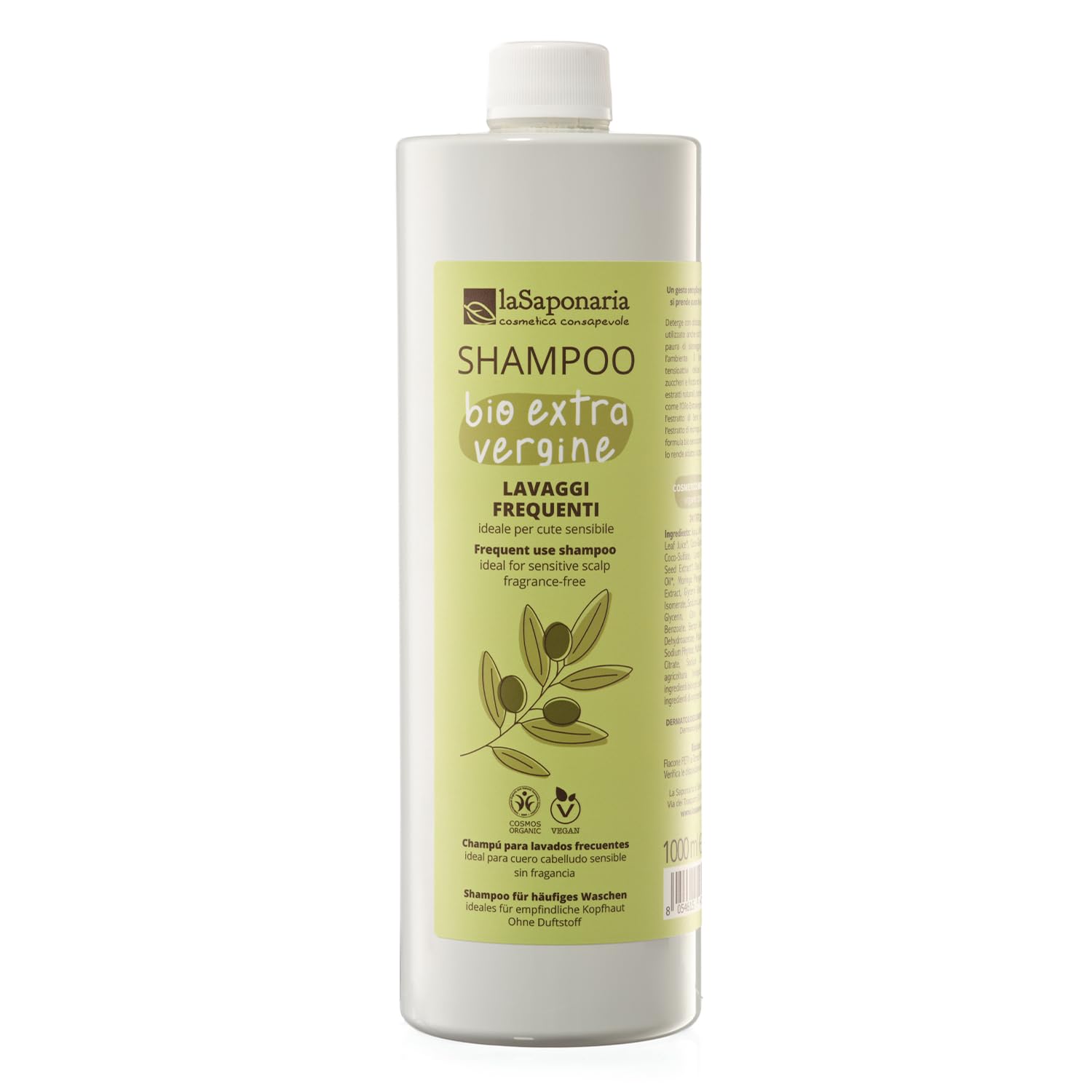 La Saponaria | Champú Extra Virgen sin fragancia – Fórmula ultrasuave y ecológica, ideal para cuero cabelludo sensible. Limpieza delicada con ingredientes naturales, formato 1 L.