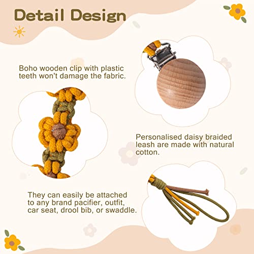 Image of Pacifier Clip for Boys Girls Flower Daisy Macrame Pacifier Holder Leash Boho Wooden Clips Handmade Braided Cotton Paci Clip Baby Shower Birthday Gift