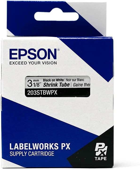 Epson LABELWORKS 203STBWPX Tape Cartridge - Black on White Shrink Tube Industrial Label Maker Tape - AWG 16-22, 1/8" (3MM) Wide, 8 ft (96")