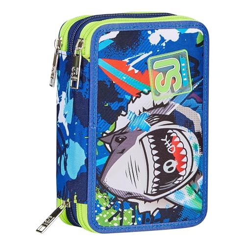SJ Gang STYLE JAM GANG Astuccio Scuola 3 Zip, Blu, SharkStory, Portapenne Triplo Scomparto Completo Di Penne, Matite, Colori, Accessori Zaino, Elementari, Medie, Bambino