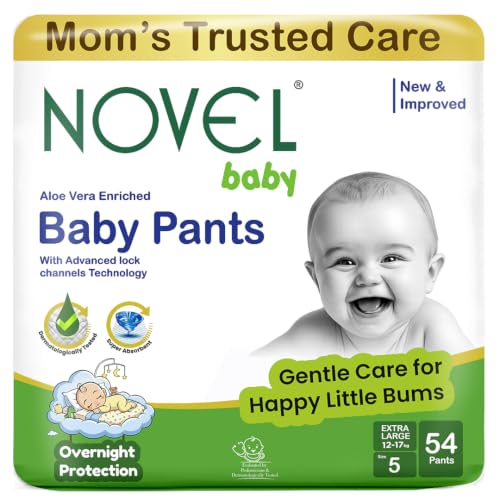 Image of Novel Baby Diaper Pants | XL Size (Extra Large), with Aloe Vera Lotion for rash protection | Pack of 54 Count | Cotton-Soft & Breathable | 360 Comfort Fit, Rash-Free Overnight Diapers for Babies
