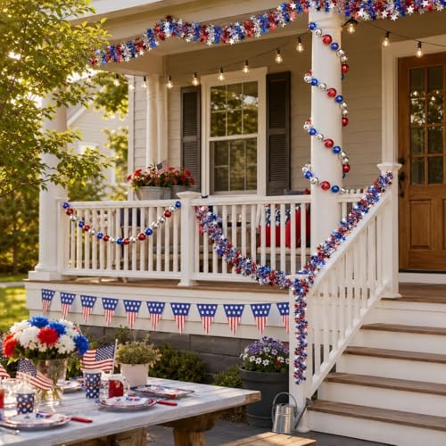 Image of Patriotic Decor Set, 2 Pack 9.8FT Tinsel Garlands, 9.8FT Bead Garland & 26FT Triangle Pennant Banner with 25 Flags, 4th of July Decorations Garland, Patriotic Garland for Mantle